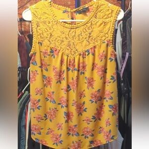 🌼 Mine Mustard Yellow Floral Lace Pom Pom Sleeveless Babydoll Top | Size Small